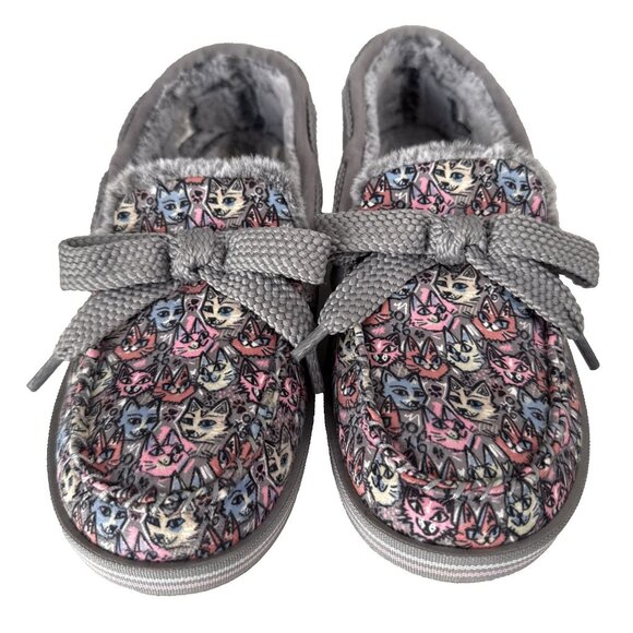 Skechers Bobs Slippers Size 7.5 Cozy Cats Meow Colorful Gray Pink Blue Bow Lined - Picture 1 of 10